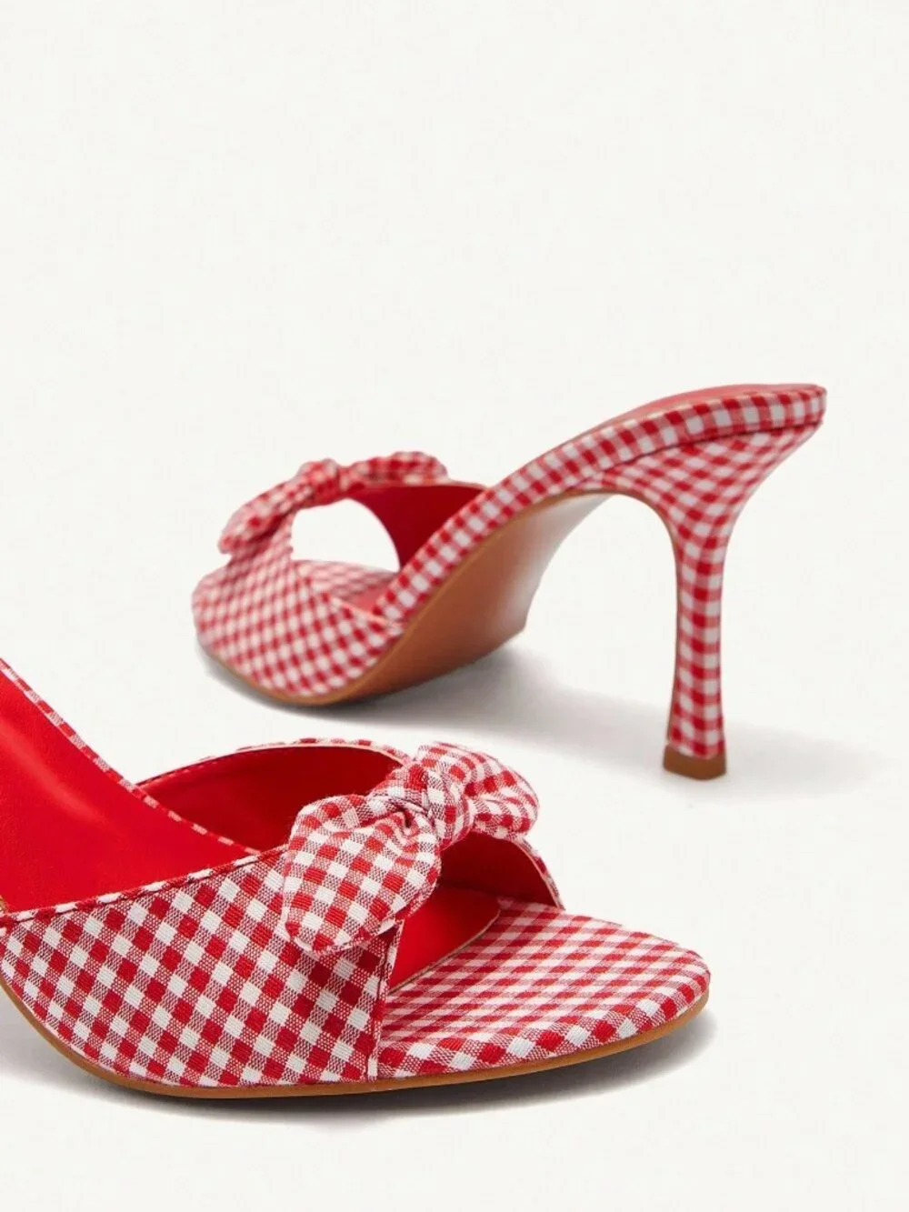 Red Elegant Women's gingham plaid Round Toe High Heel Mules Sandals Shoes - Picture 6 of 7